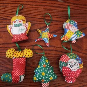 VTG‎ Handmade Patchwork Cloth Christmas Ornaments Set of 6 Nostalgic Cottagecore